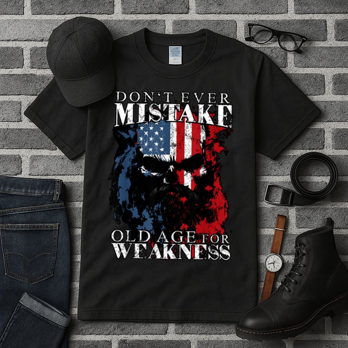 Skull American Flag Dont Ever Mistake Old Age For Weakness Tall T-Shirt
