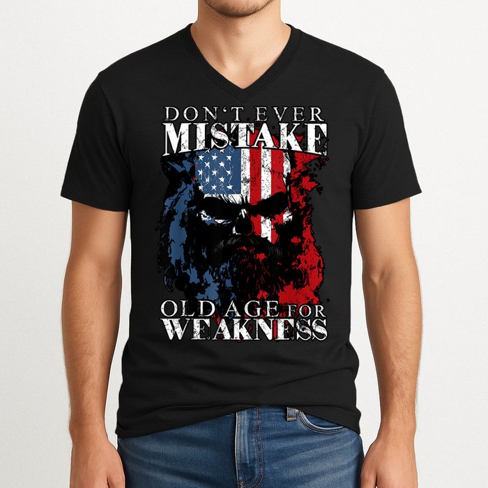 Skull American Flag Dont Ever Mistake Old Age For Weakness V-Neck T-Shirt