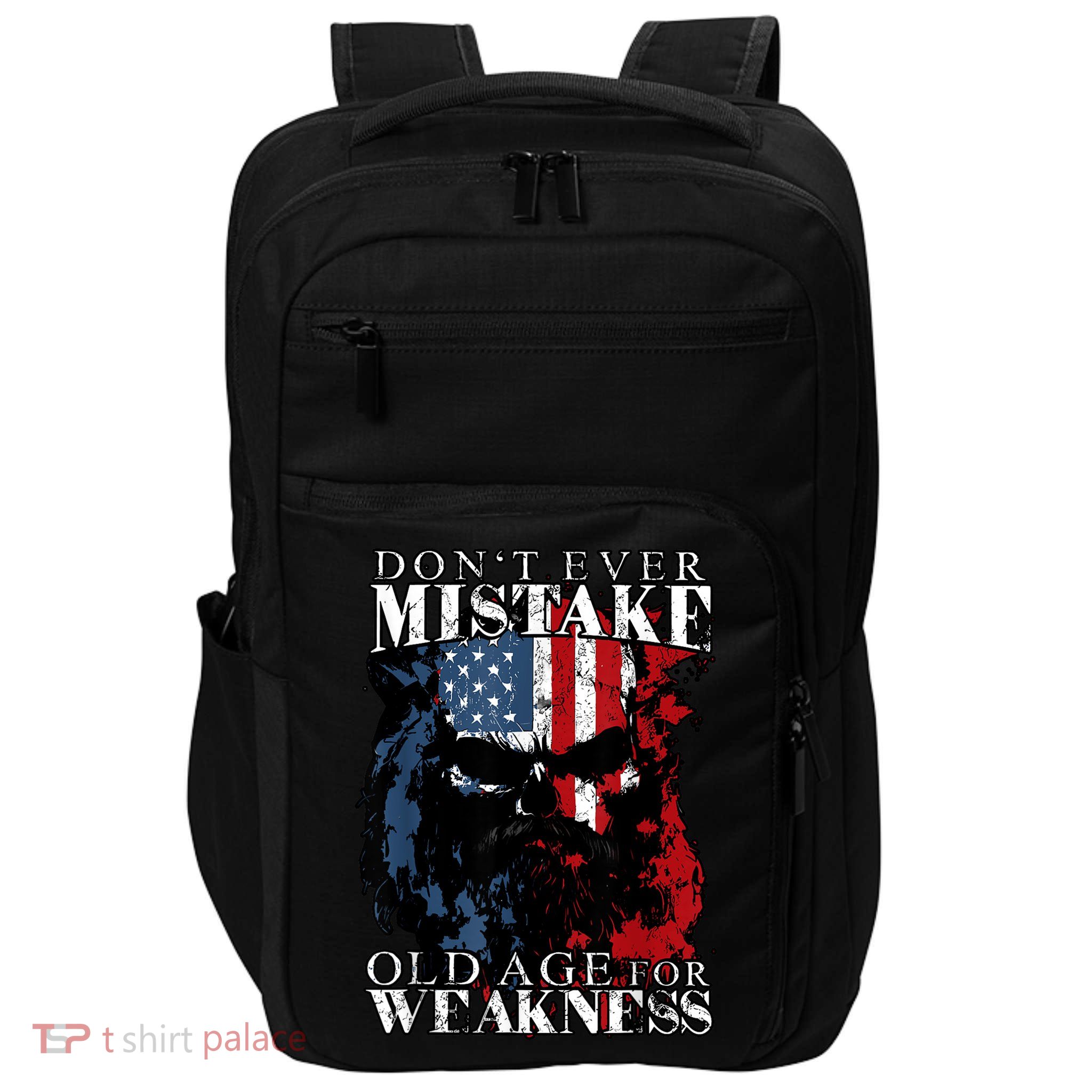 Skull American Flag Dont Ever Mistake Old Age For Weakness Impact Tech Backpack