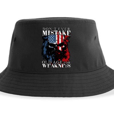 Skull American Flag Dont Ever Mistake Old Age For Weakness Sustainable Bucket Hat