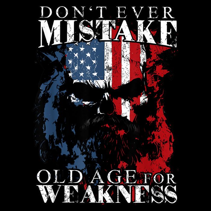 Skull American Flag Dont Ever Mistake Old Age For Weakness Sustainable Bucket Hat