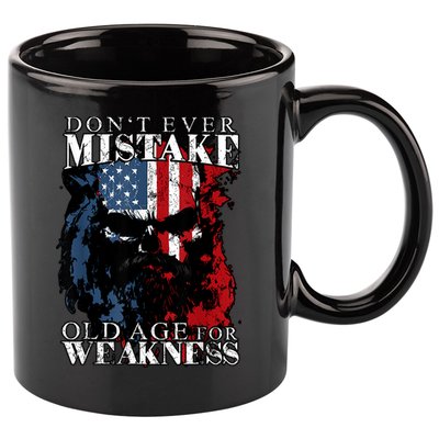 Skull American Flag Dont Ever Mistake Old Age For Weakness 11oz C Handle Ceramic Mug