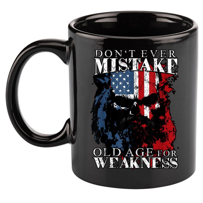 Skull American Flag Dont Ever Mistake Old Age For Weakness 11oz C Handle Ceramic Mug