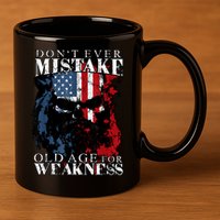 Skull American Flag Dont Ever Mistake Old Age For Weakness 11oz C Handle Ceramic Mug