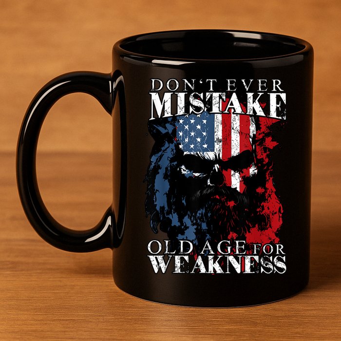 Skull American Flag Dont Ever Mistake Old Age For Weakness 11oz C Handle Ceramic Mug