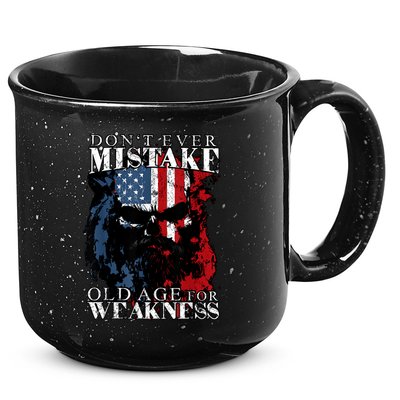 Skull American Flag Dont Ever Mistake Old Age For Weakness 15oz Campfire Ceramic Mug
