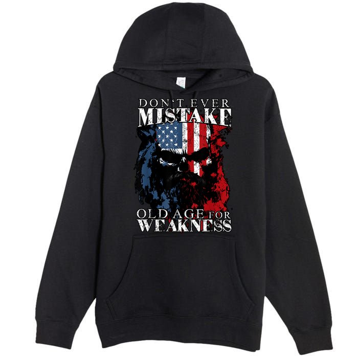 Skull American Flag Dont Ever Mistake Old Age For Weakness Premium Pullover Hoodie