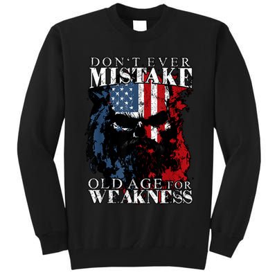 Skull American Flag Dont Ever Mistake Old Age For Weakness Tall Sweatshirt