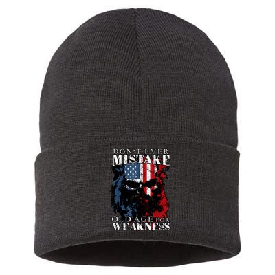 Skull American Flag Dont Ever Mistake Old Age For Weakness Sustainable Knit Beanie