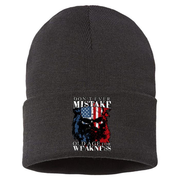 Skull American Flag Dont Ever Mistake Old Age For Weakness Sustainable Knit Beanie