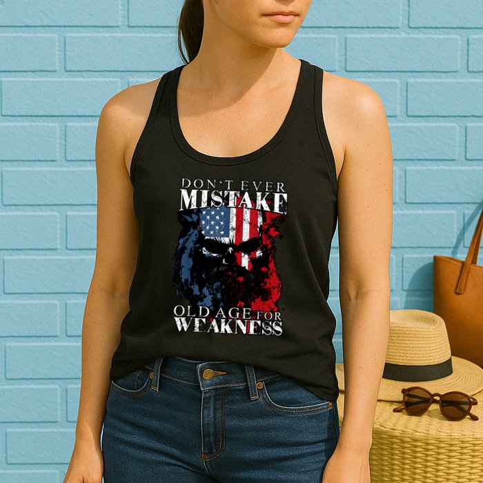 Skull American Flag Dont Ever Mistake Old Age For Weakness Womens Tank Top