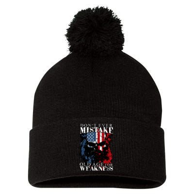 Skull American Flag Dont Ever Mistake Old Age For Weakness Pom Pom 12in Knit Beanie