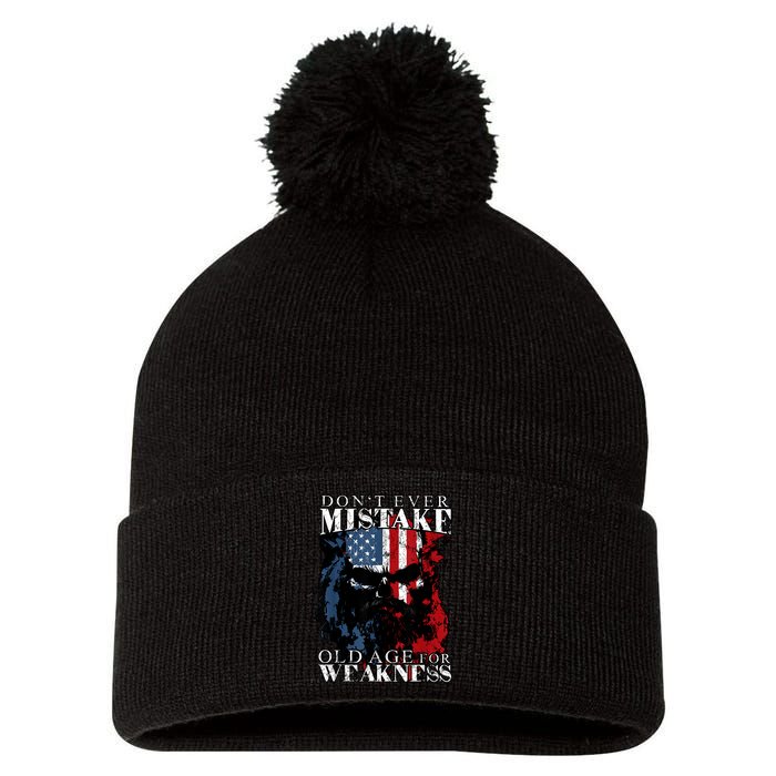 Skull American Flag Dont Ever Mistake Old Age For Weakness Pom Pom 12in Knit Beanie