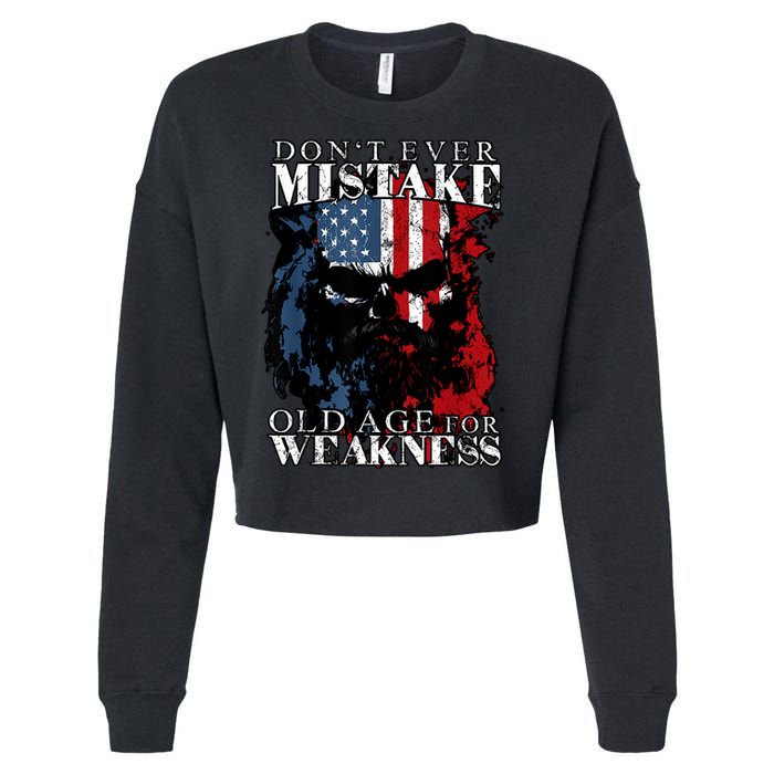 Skull American Flag Dont Ever Mistake Old Age For Weakness Cropped Pullover Crew