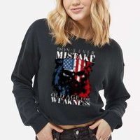 Skull American Flag Dont Ever Mistake Old Age For Weakness Cropped Pullover Crew