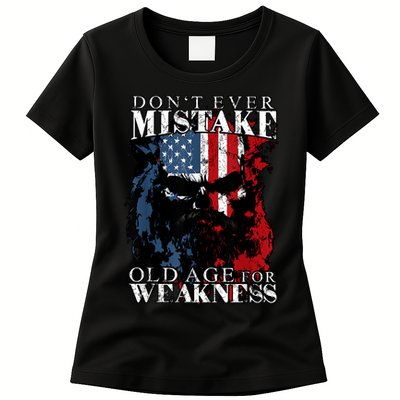 Skull American Flag Dont Ever Mistake Old Age For Weakness Womens T-Shirt