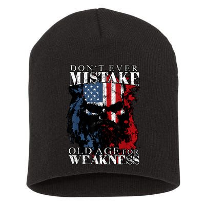 Skull American Flag Dont Ever Mistake Old Age For Weakness Short Acrylic Beanie