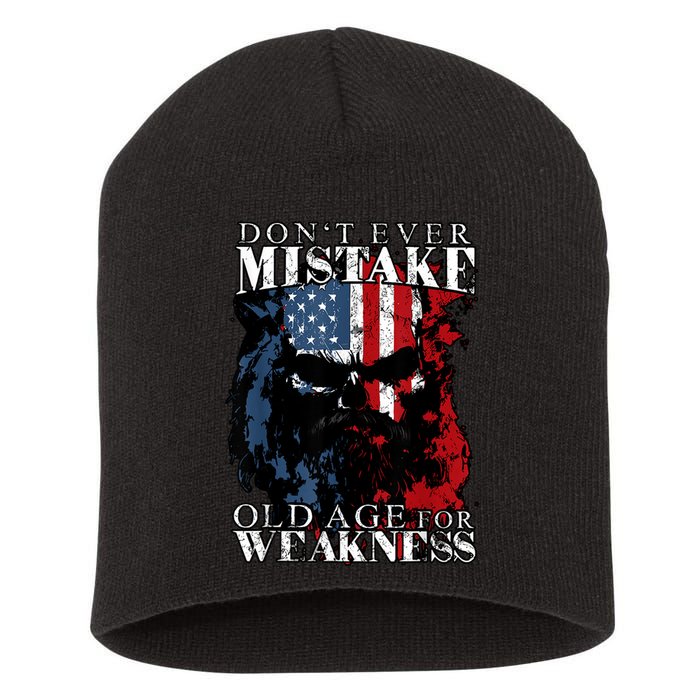 Skull American Flag Dont Ever Mistake Old Age For Weakness Short Acrylic Beanie
