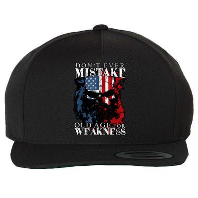 Skull American Flag Dont Ever Mistake Old Age For Weakness Wool Snapback Cap