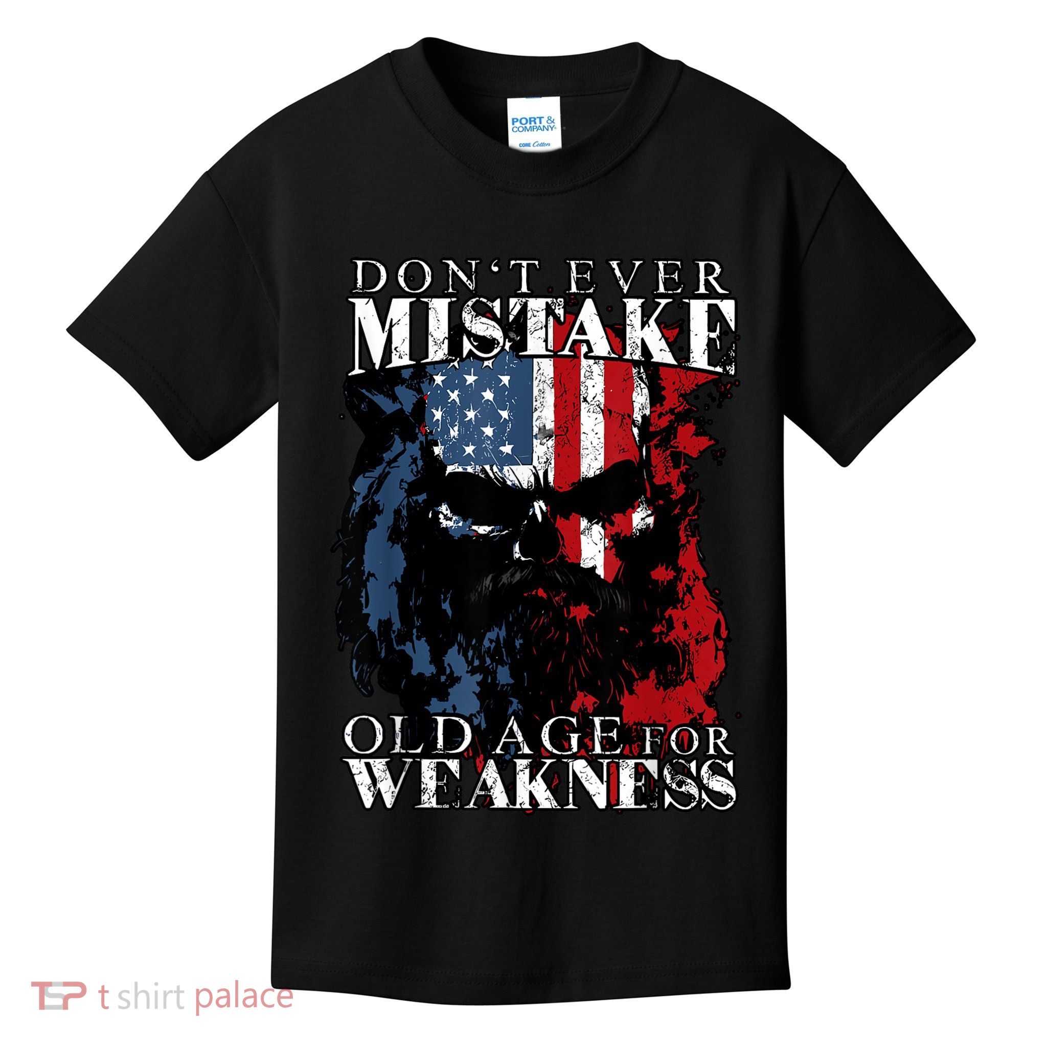 Skull American Flag Dont Ever Mistake Old Age For Weakness Kids T-Shirt