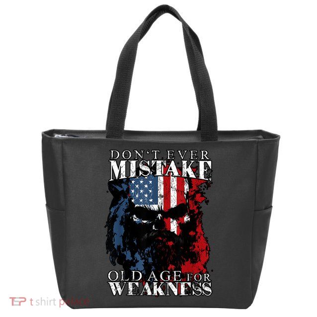 Skull American Flag Dont Ever Mistake Old Age For Weakness Zip Tote Bag