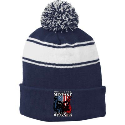 Skull American Flag Dont Ever Mistake Old Age For Weakness Stripe Pom Pom Beanie