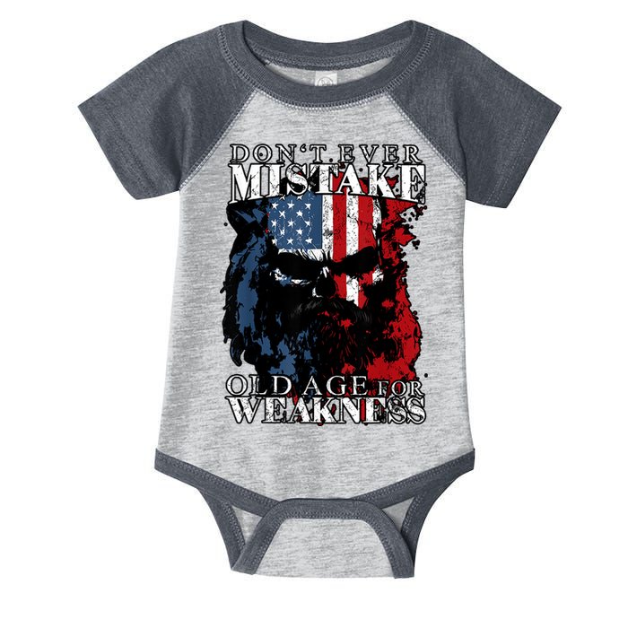 Skull American Flag Dont Ever Mistake Old Age For Weakness Infant Baby Jersey Bodysuit