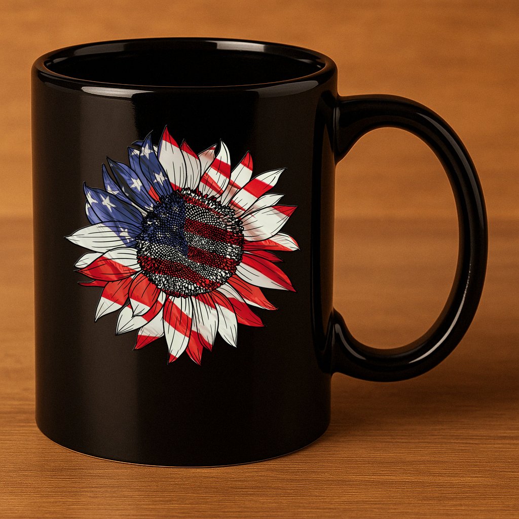 Sunflower American Flag 4th Of July Merica USA 11oz C Handle Ceramic Mug