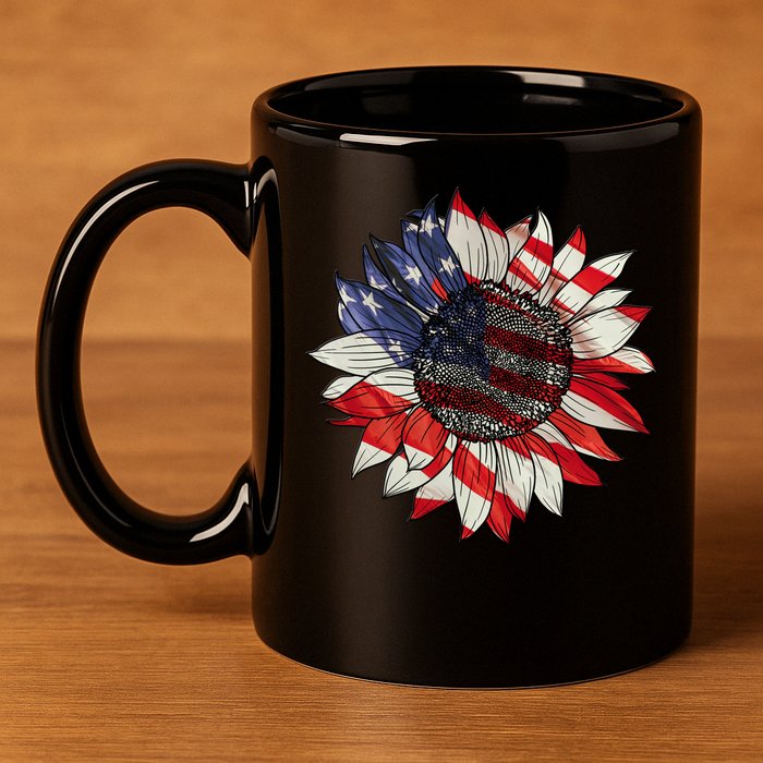 Sunflower American Flag 4th Of July Merica USA 11oz C Handle Ceramic Mug