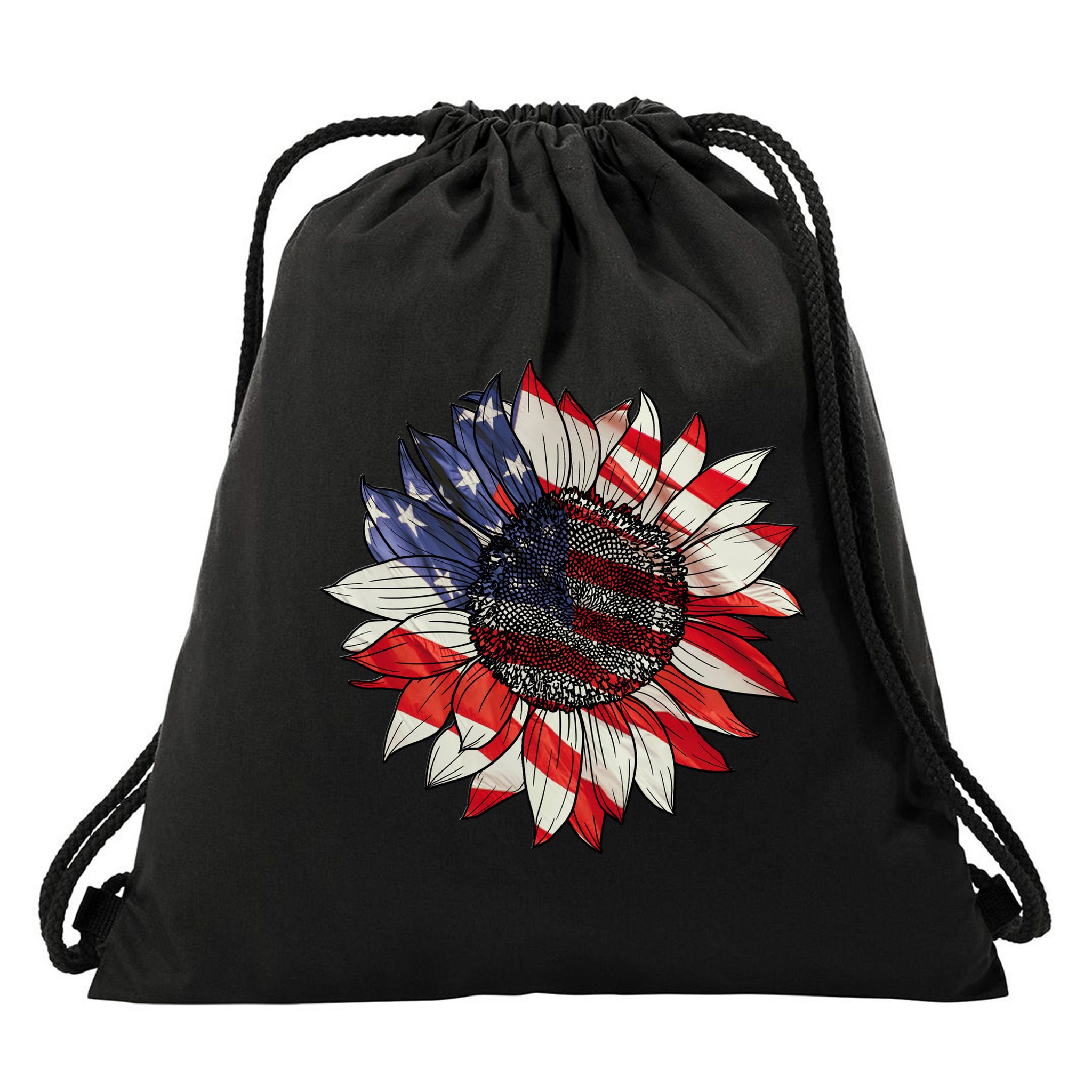 Sunflower American Flag 4th Of July Merica USA Drawstring Bag