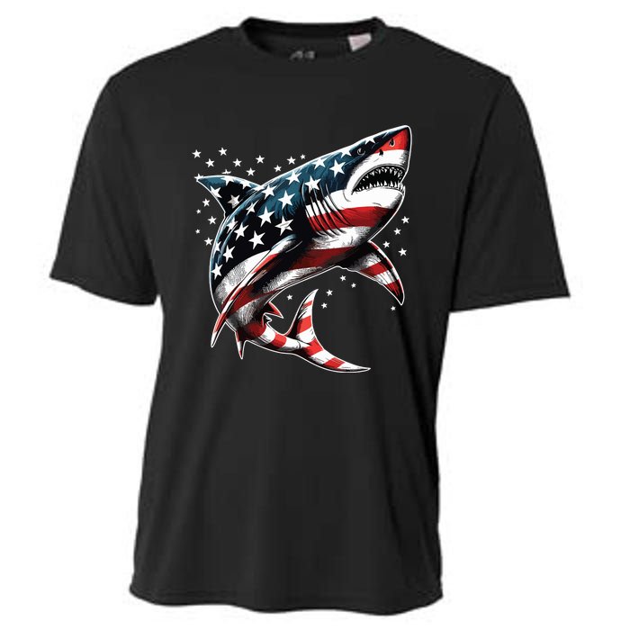 Shark American Flag Usa 4th Of July Funny Cooling Performance Crew T-Shirt