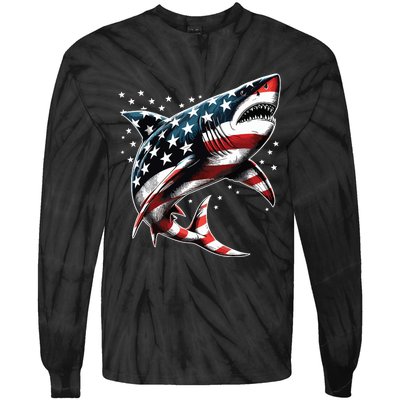 Shark American Flag Usa 4th Of July Funny Tie-Dye Long Sleeve Shirt