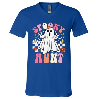 Spooky Aunt Floral Ghost Hippie Halloween Spooky Family V-Neck T-Shirt