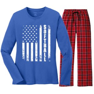 Softball American Flag Usa Sport Patriotic Softball Player Great Gift Women's Long Sleeve Flannel Pajama Set 