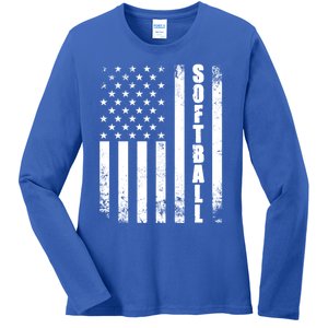 Softball American Flag Usa Sport Patriotic Softball Player Great Gift Ladies Long Sleeve Shirt