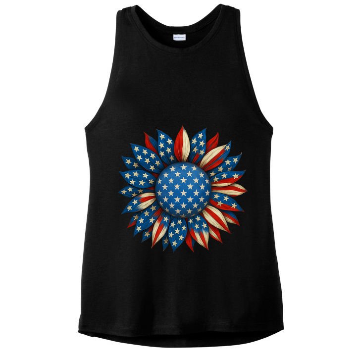 Sunflower American Flag 4th Of July Women Merica USA  Ladies PosiCharge Tri-Blend Wicking Tank