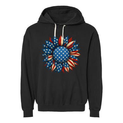 Sunflower American Flag 4th Of July Women Merica USA  Garment-Dyed Fleece Hoodie