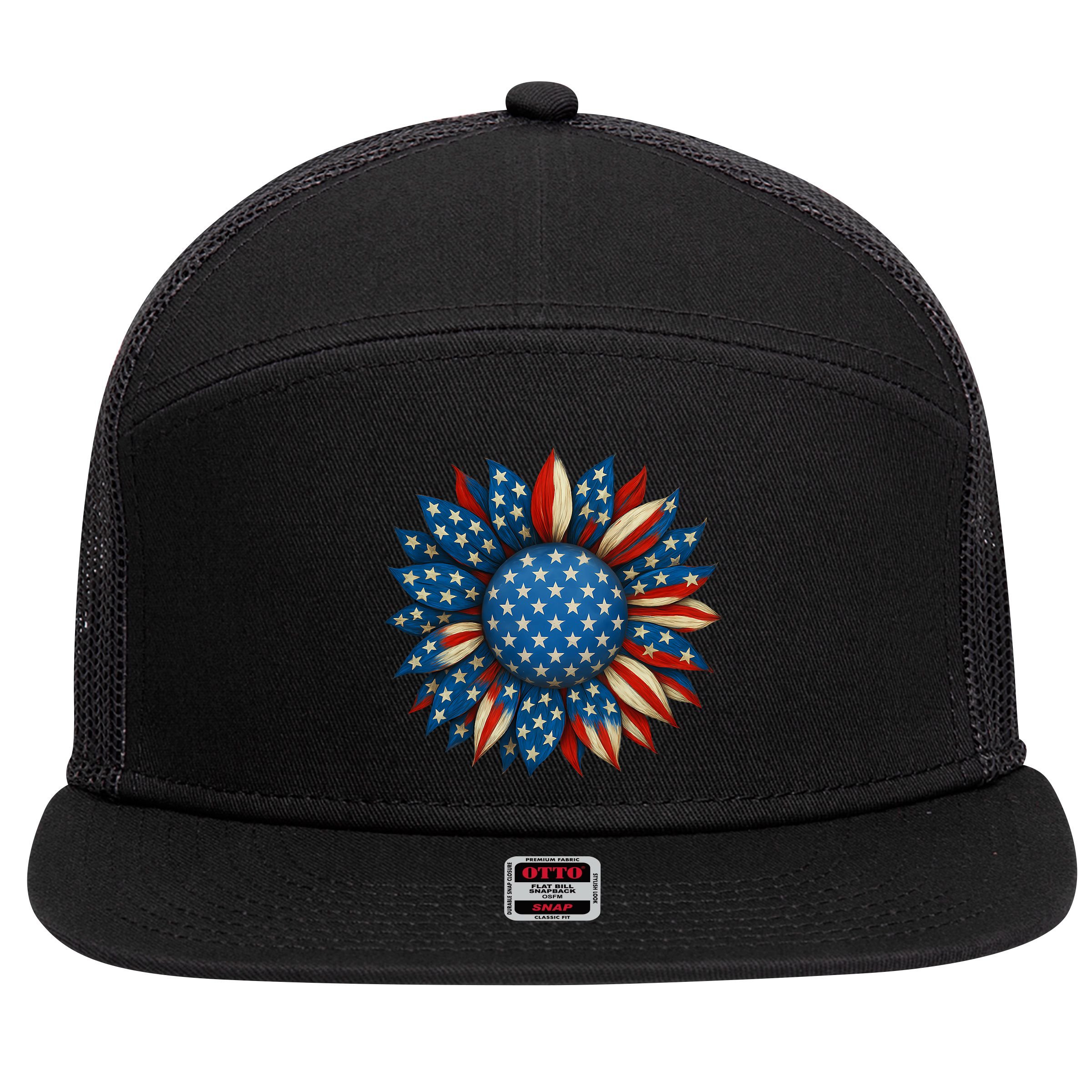 Sunflower American Flag 4th Of July Women Merica USA  7 Panel Mesh Trucker Snapback Hat