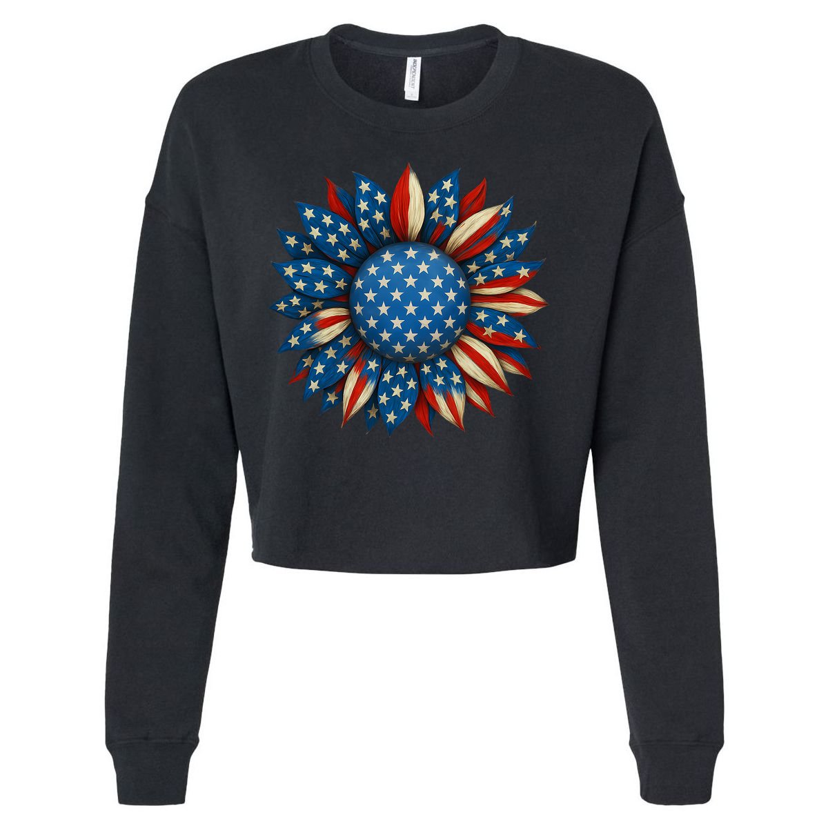 Sunflower American Flag 4th Of July Women Merica USA  Cropped Pullover Crew