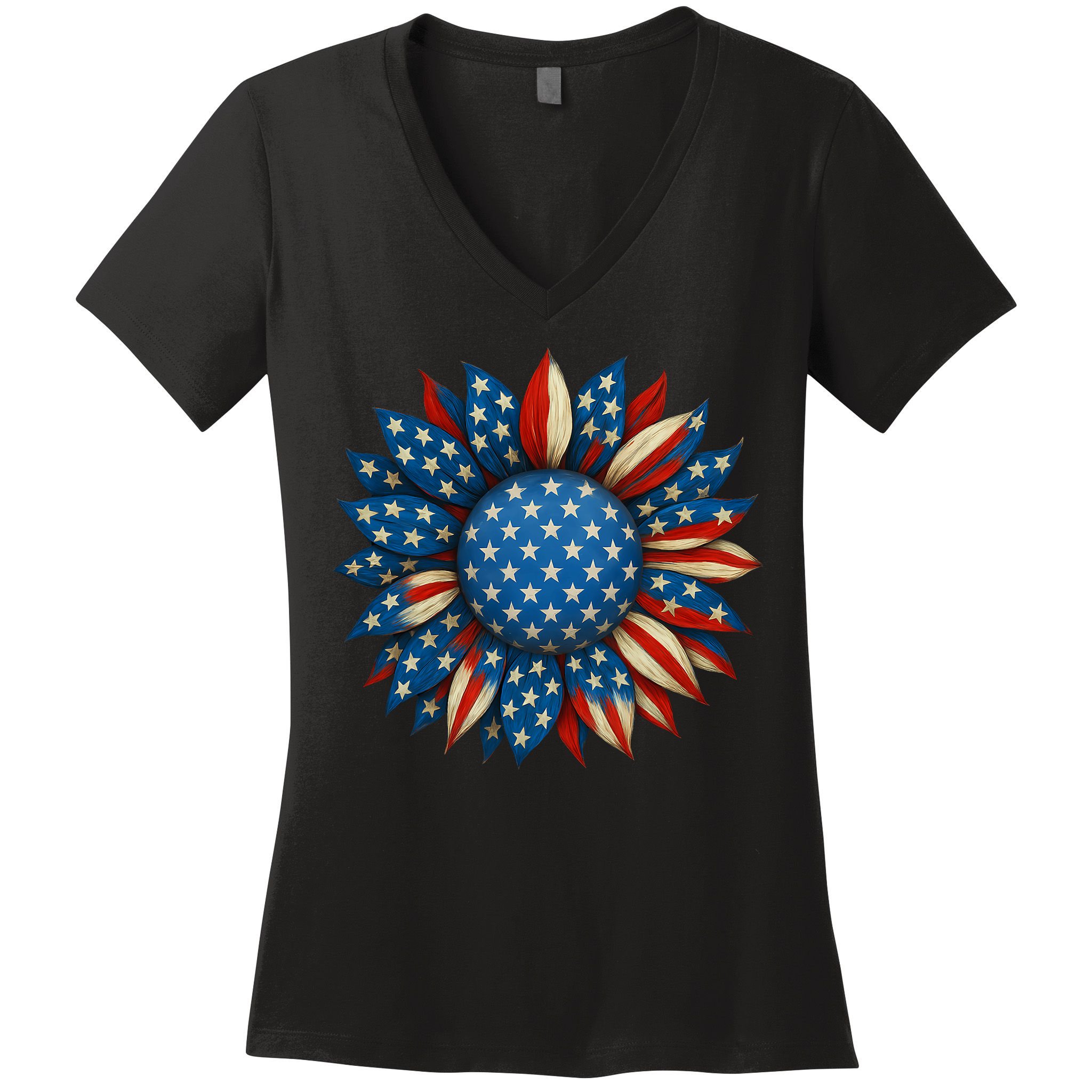 Sunflower American Flag 4th Of July Women Merica USA  Women's V-Neck T-Shirt