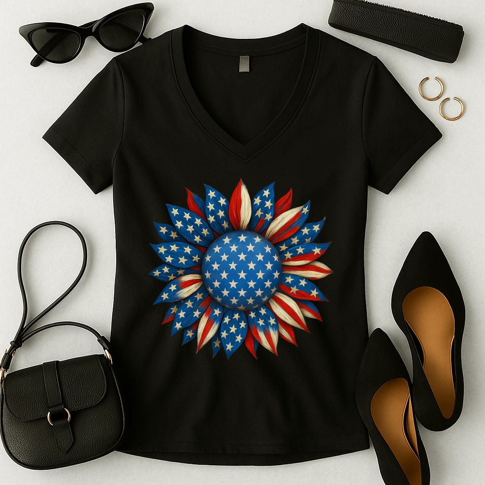 Sunflower American Flag 4th Of July Women Merica USA  Women's V-Neck T-Shirt