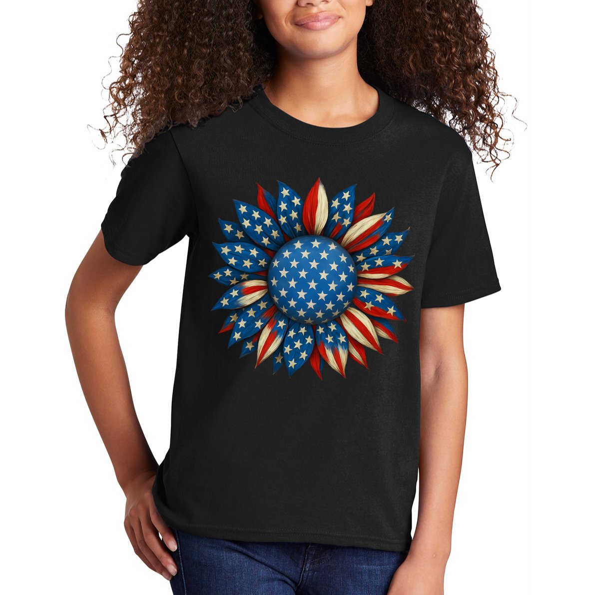 Sunflower American Flag 4th Of July Women Merica USA  Kids T-Shirt