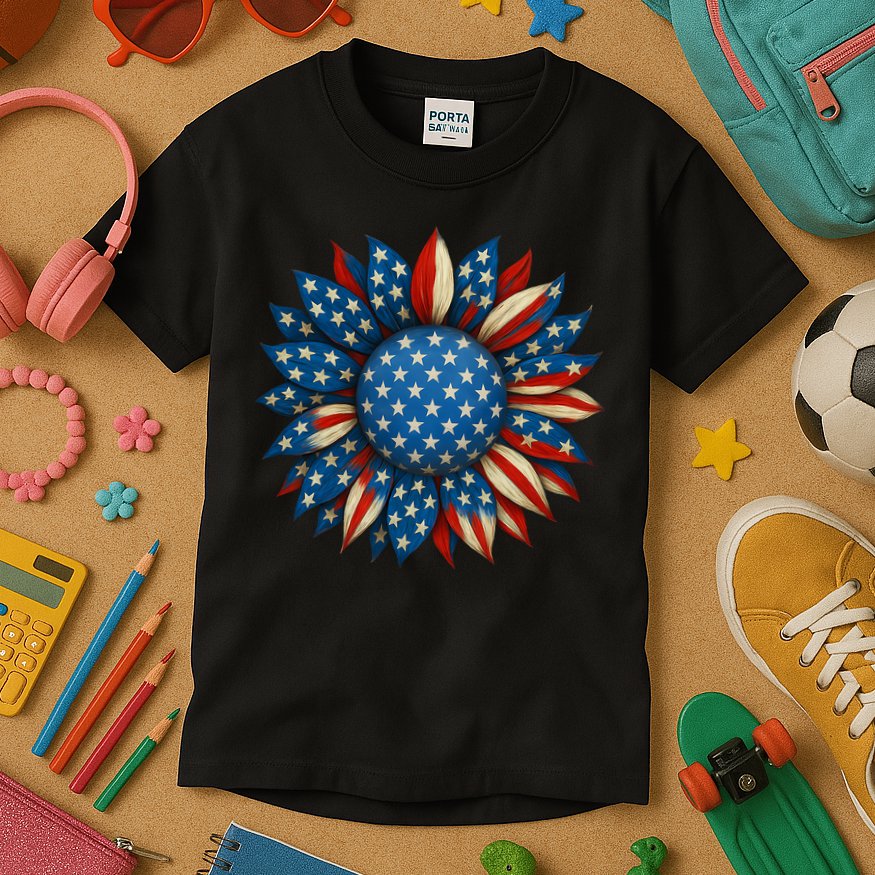 Sunflower American Flag 4th Of July Women Merica USA  Kids T-Shirt