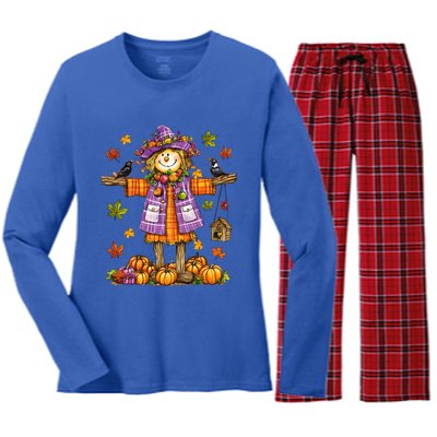 Scarecrow Autumn Fall Season Pumpkin Thanksgiving Halloween Gift Women's Long Sleeve Flannel Pajama Set 