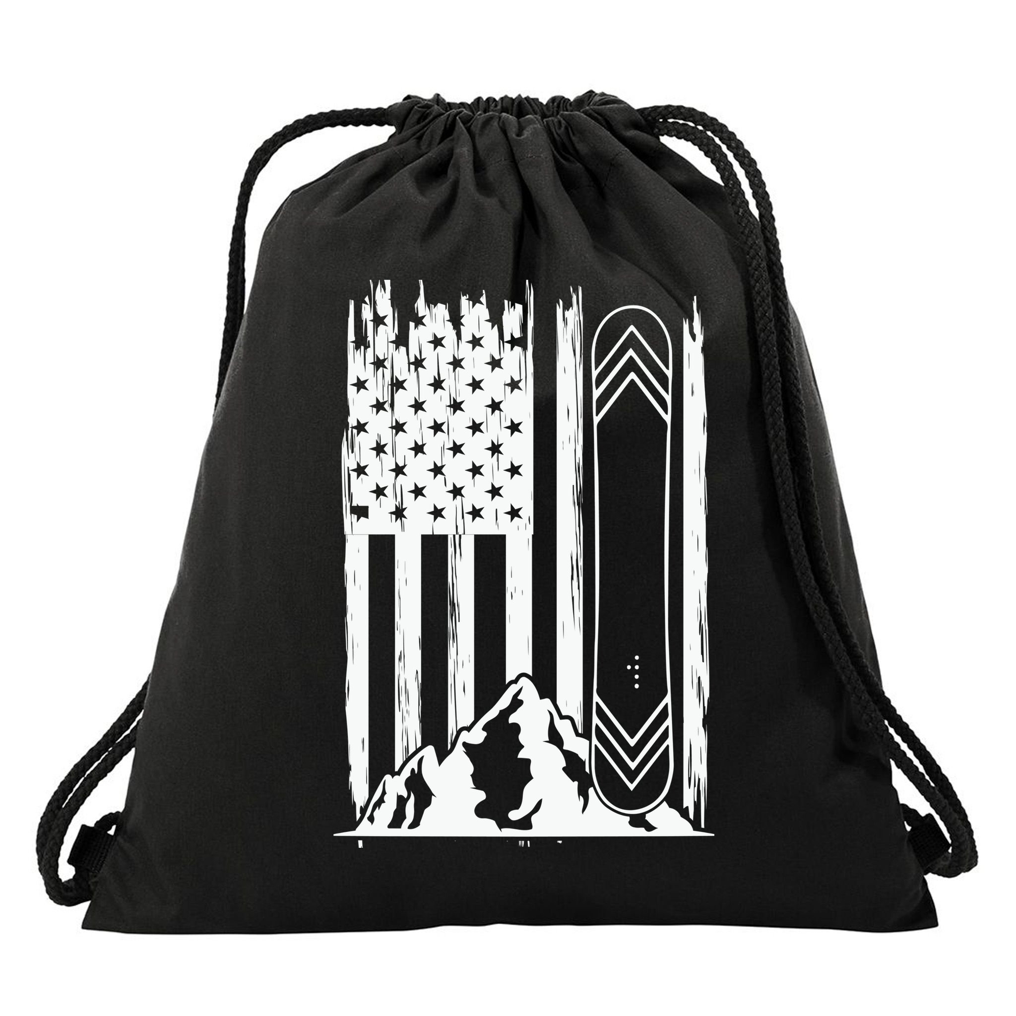 Snowboarding American Flag Drawstring Bag