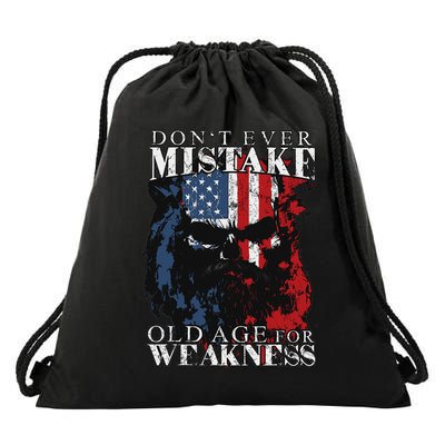 Skull American Flag Don't Ever Mistake Old Age For Weakness Drawstring Bag