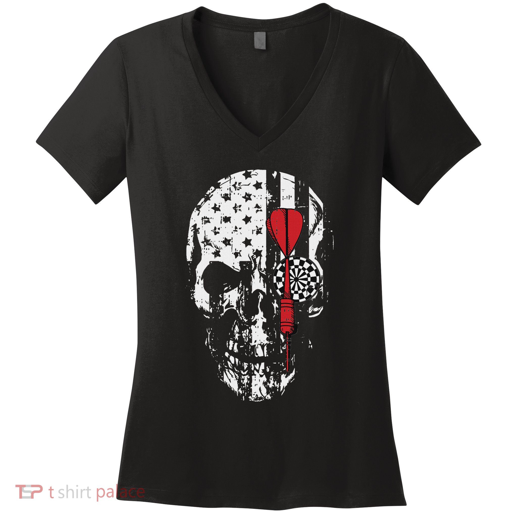 Skull American Flag Darts Board Throwing Sports Player Gift Women's V-Neck T-Shirt