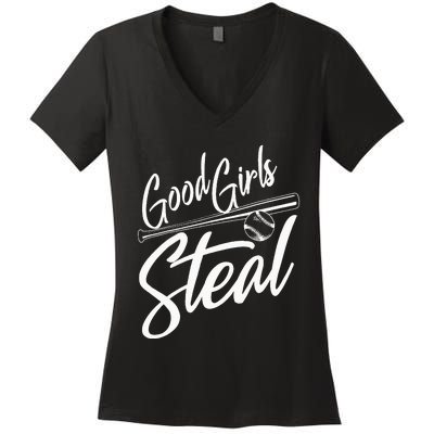 Softball Art For Women Good Girl Steal Baseball Pitcher Women's V-Neck T-Shirt