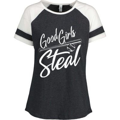 Softball Art For Women Good Girl Steal Baseball Pitcher Enza Ladies Jersey Colorblock Tee