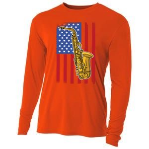 Saxophone American Flag 4th Of July Musical Instrut Cool Gift Cooling Performance Long Sleeve Crew